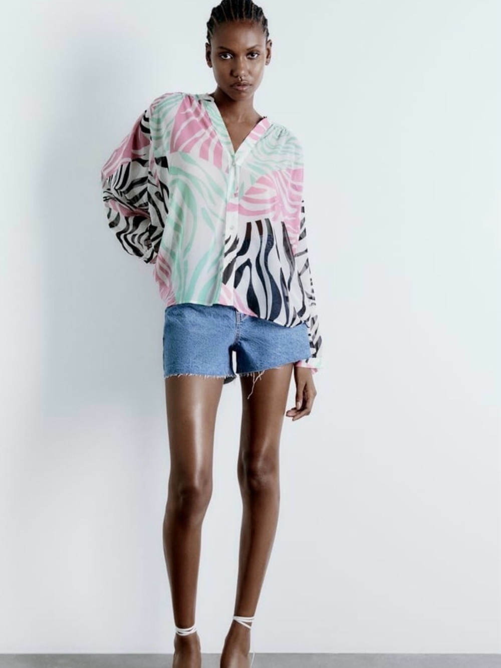 Zara Multicolor Sheer V-Neck Printed Blouse with Pastel Pink & Mint